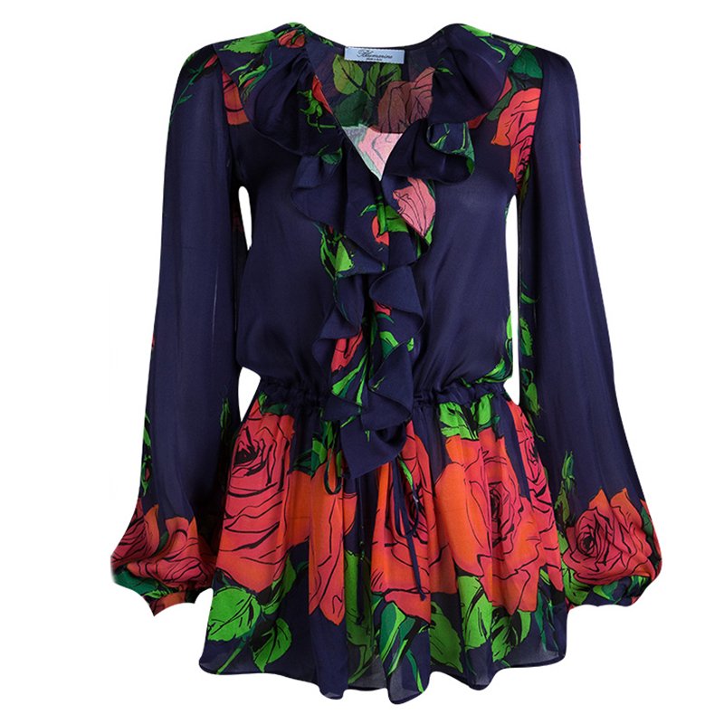 Blumarine Multicolor Floral Printed Ruffle Detail Long Sleeve Blouse S