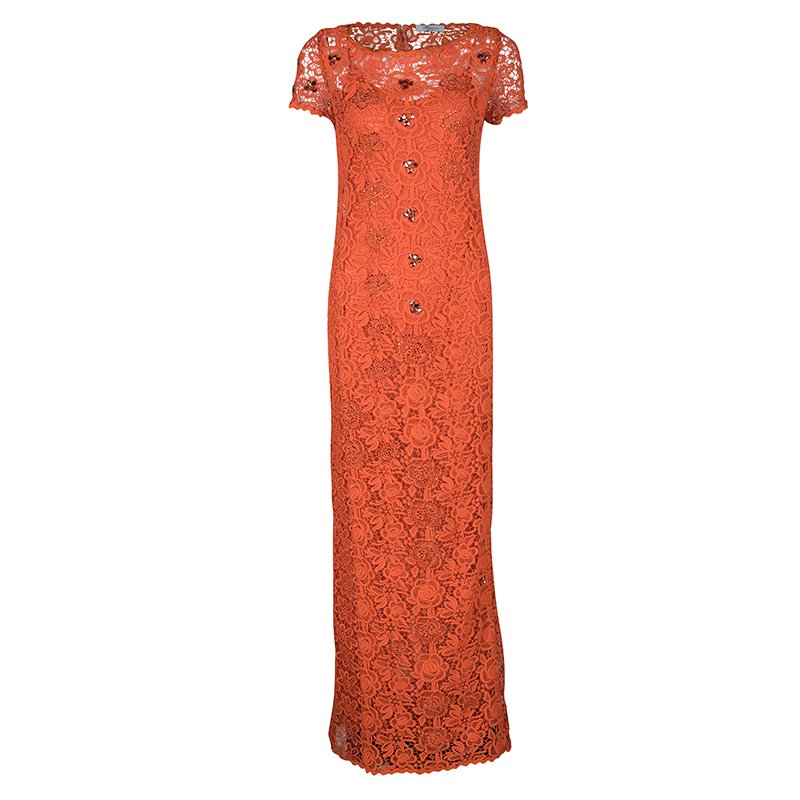Blumarine Orange Floral Lace Embellished Maxi Dress S