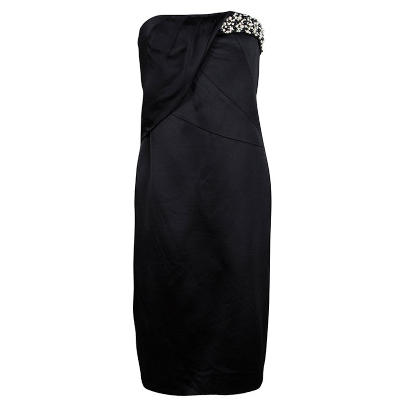 مملوكة مسبقًا Boss By Hugo Boss Black Pearl Embellished Strapless Dress M