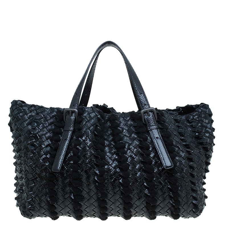 Pre Owned Bottega Veneta Limited Edition Black Stingray Woven Lido Medium Tote