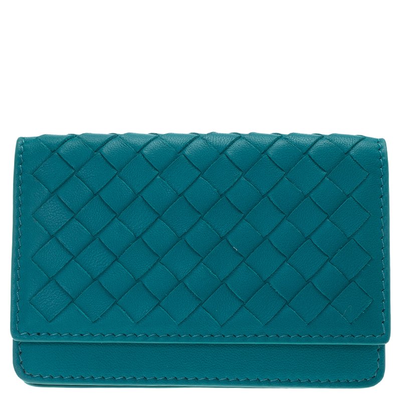 Pre Owned Bottega Veneta Turquoise Intrecciato Leather Card Holder