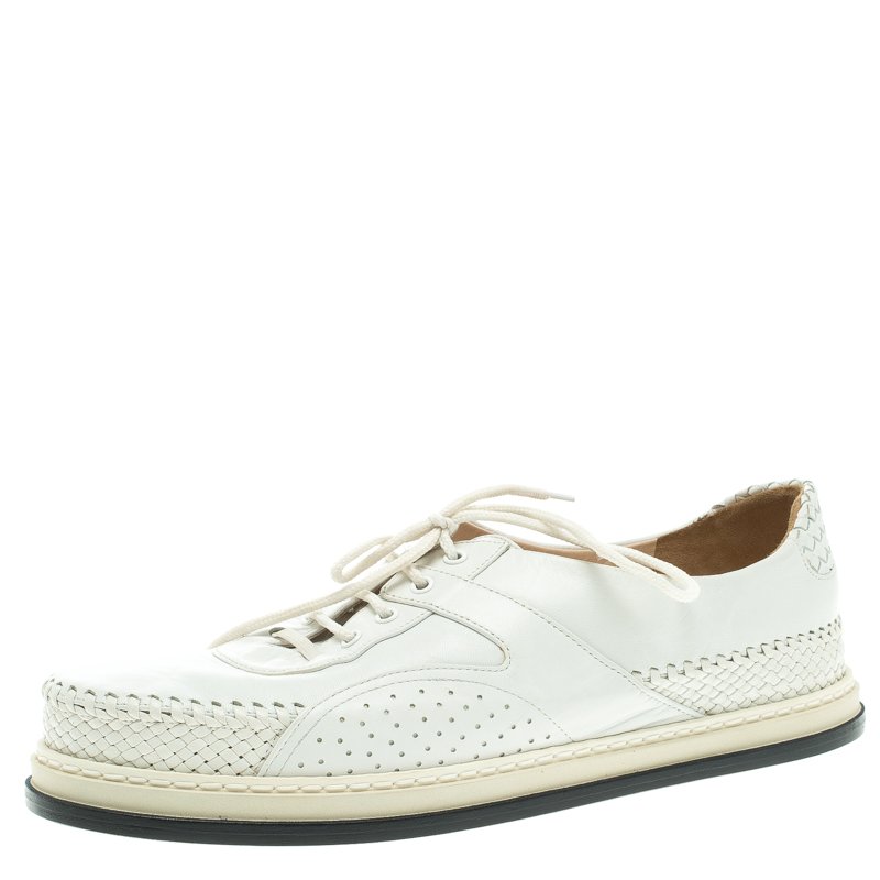 Pre Owned Bottega Veneta White Woven Leather Lace Up Sneakers Size 40