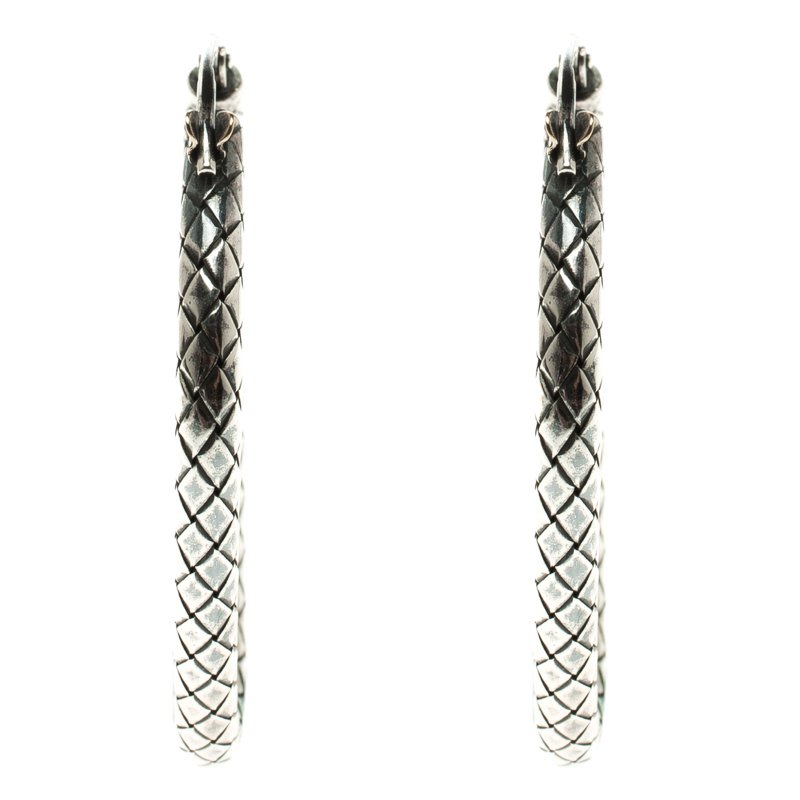 Pre Owned Bottega Veneta Intrecciato Antique Finish Silver Hoop Earrings