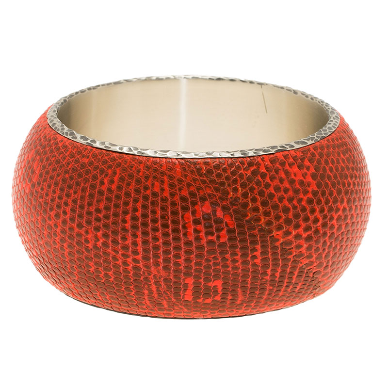 Pre Owned Bottega Veneta Intrecciato Ayeres Neon Orange Silver Snake Skin Bangle Bracelet