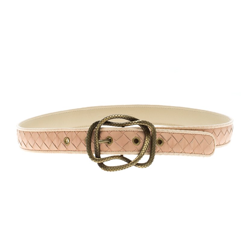 Pre Owned Bottega Veneta Pink Intrecciato Leather Snake Trim Belt 80 CM