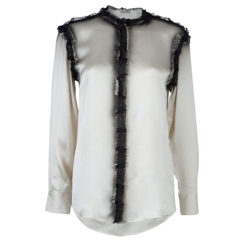 Bottega Veneta Grey Printed Silk Lace Detail Long Sleeve Blouse  S