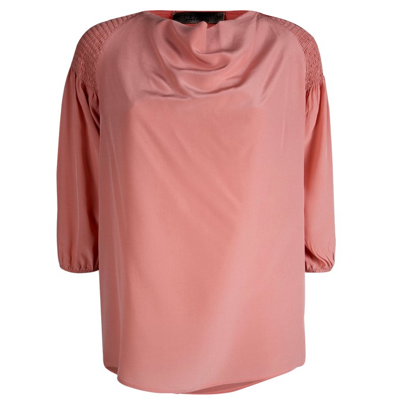 Bottega Veneta Coral Pink Silk Smocking Detail Top S