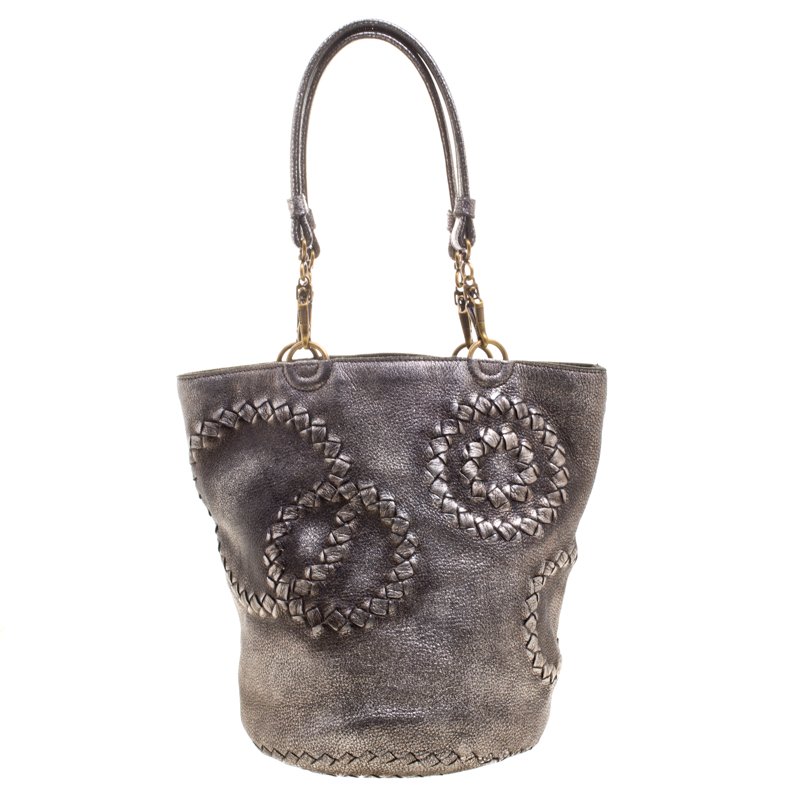 Pre Owned Bottega Veneta Metallic Silver Intrecciato Detail Cervo Leather Bucket Bag