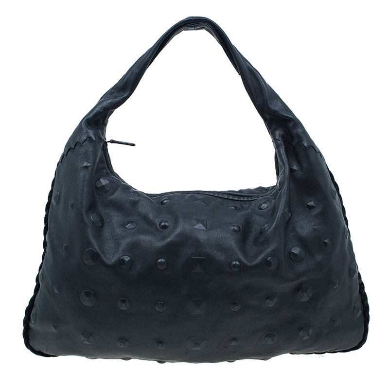Pre Owned Bottega Veneta Black Leather Stud Stamped Hobo Bag