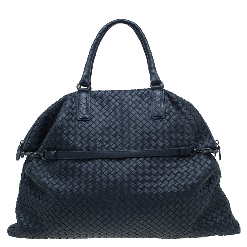 Pre Owned Bottega Veneta Dark Blue Woven Leather Large Convertible Tote Bag