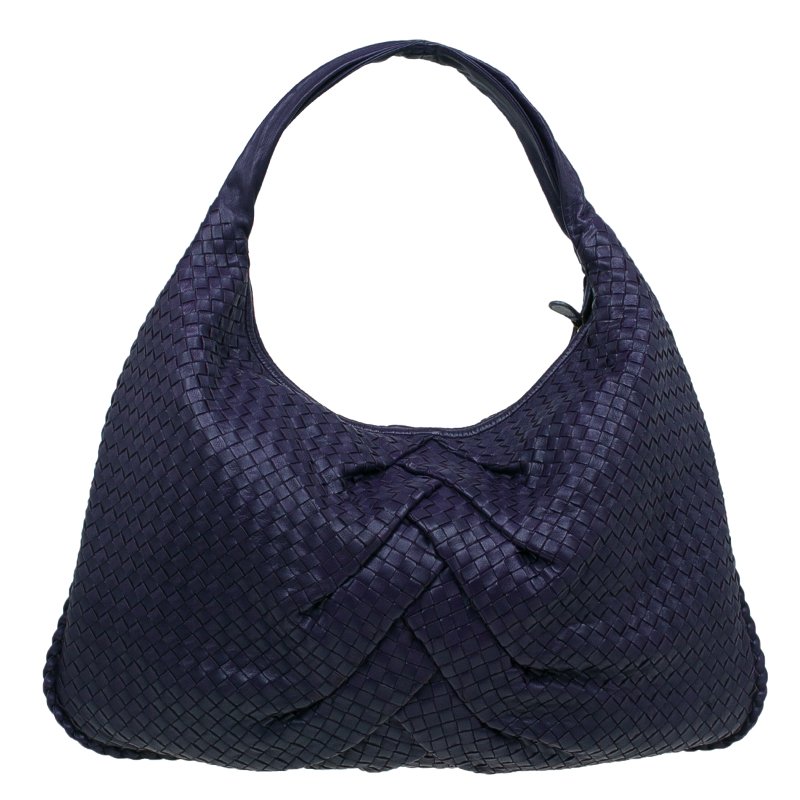 Pre Owned Bottega Veneta Purple Intrecciato Leather Maxi Pleated Veneta Hobo Bag