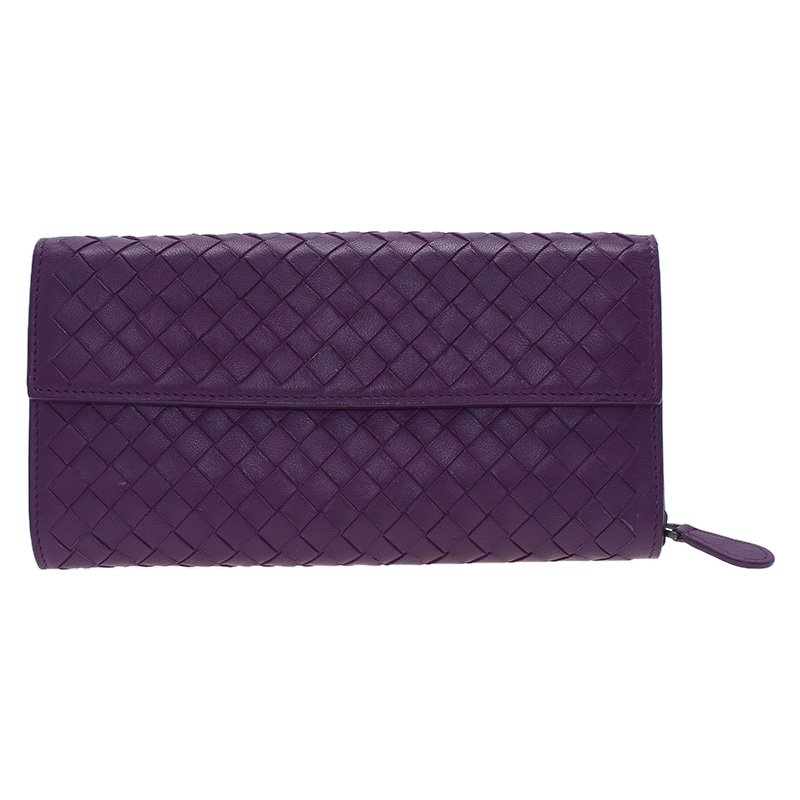 Pre Owned Bottega Veneta Purple Intrecciato Continental Flap Wallet