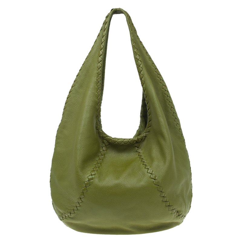Pre Owned Bottega Veneta Olive Green Leather Large Cervo Hobo