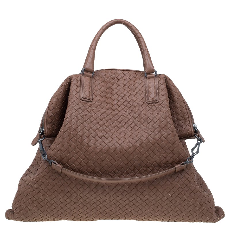 Pre Owned Bottega Veneta Brown Intrecciato Woven Nappa Leather Convertible Tote