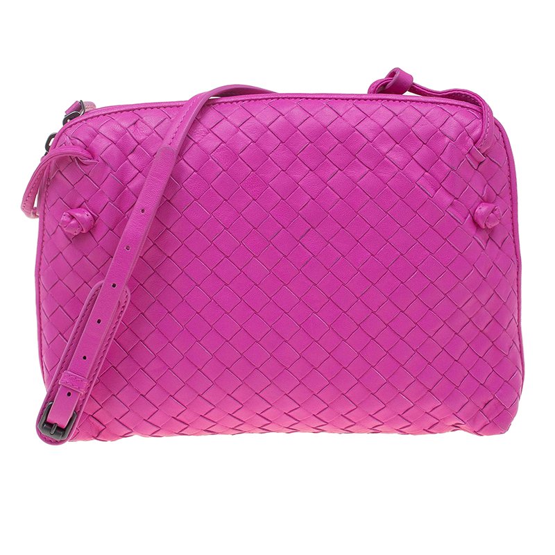 Pre Owned Bottega Veneta Pink Intrecciato Woven Leather Crossbody Bag