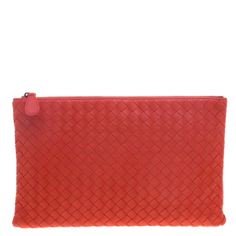 Bottega Veneta Red/Orange Intrecciato Woven Leather Medium Pouch
