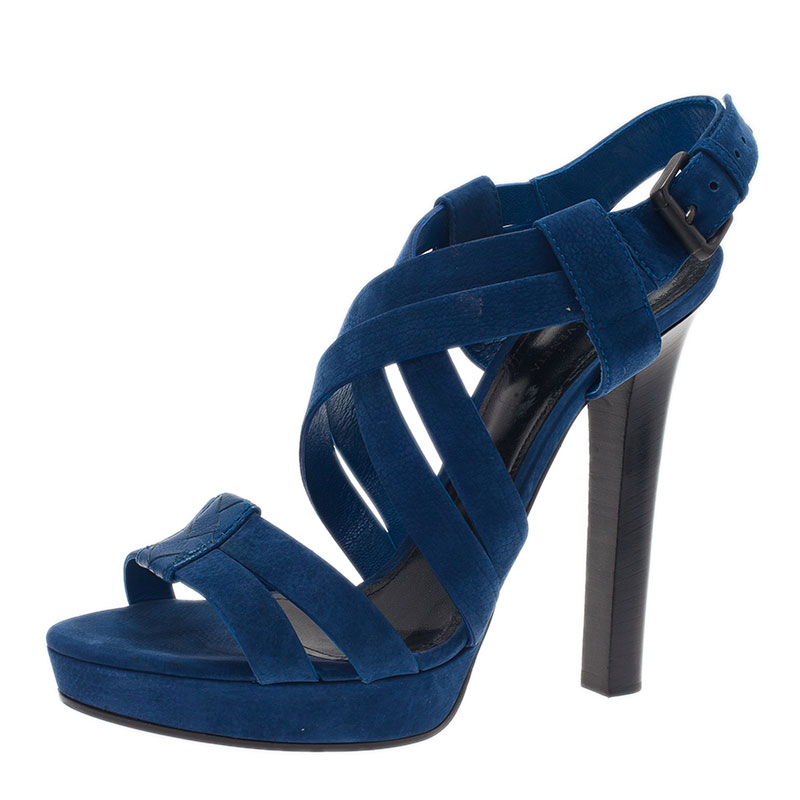 Pre Owned Bottega Veneta Blue Suede Criss Cross Platform Sandals Size 40