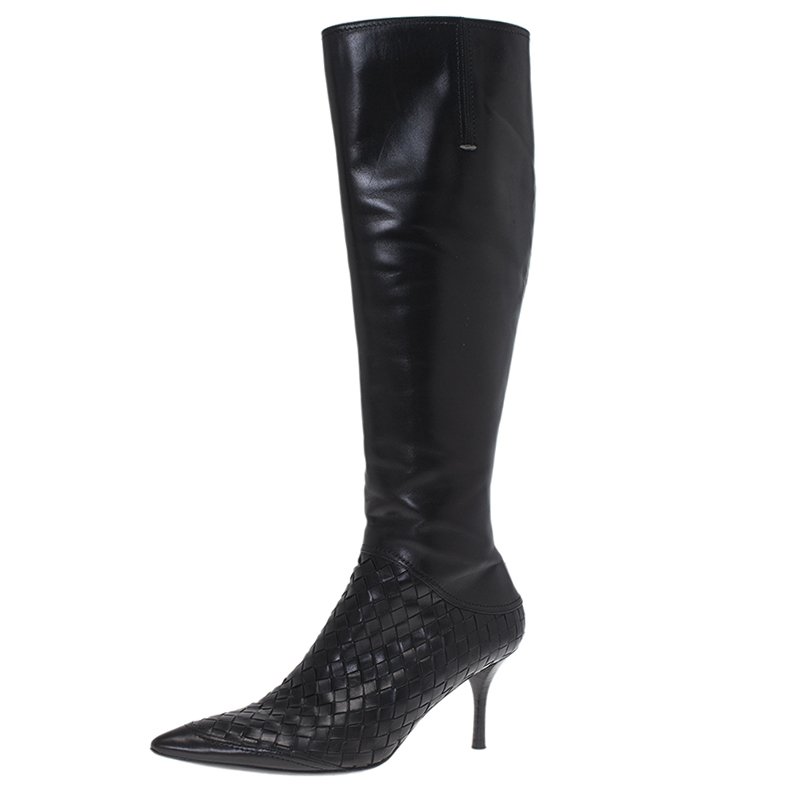 Bottega Veneta Black Intrecciato Leather Knee Boots Size 36