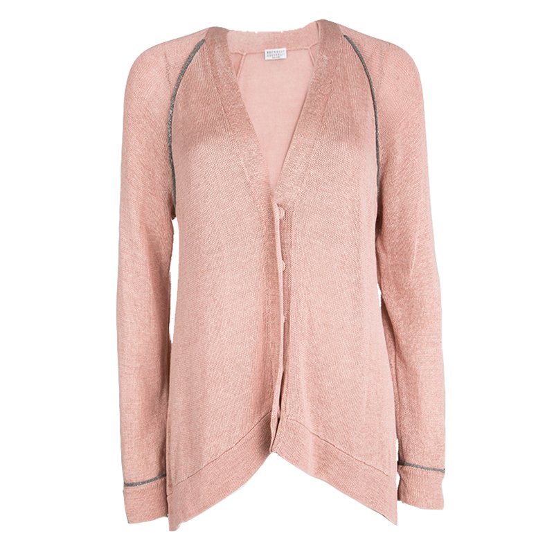 Pre Owned Brunello Cucinelli Pink Cotton Knit Beaded Trim Detail High Low Cardigan L
