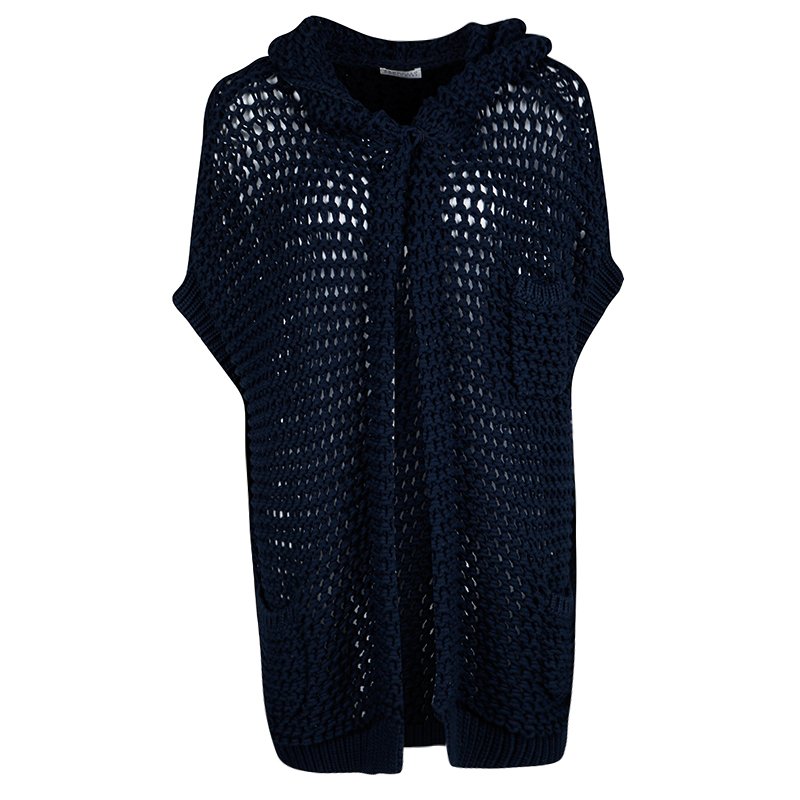 Pre Owned Brunello Cucinelli Navy Blue Chunky Knit Oversized Open Front Hooded Cardigan XS