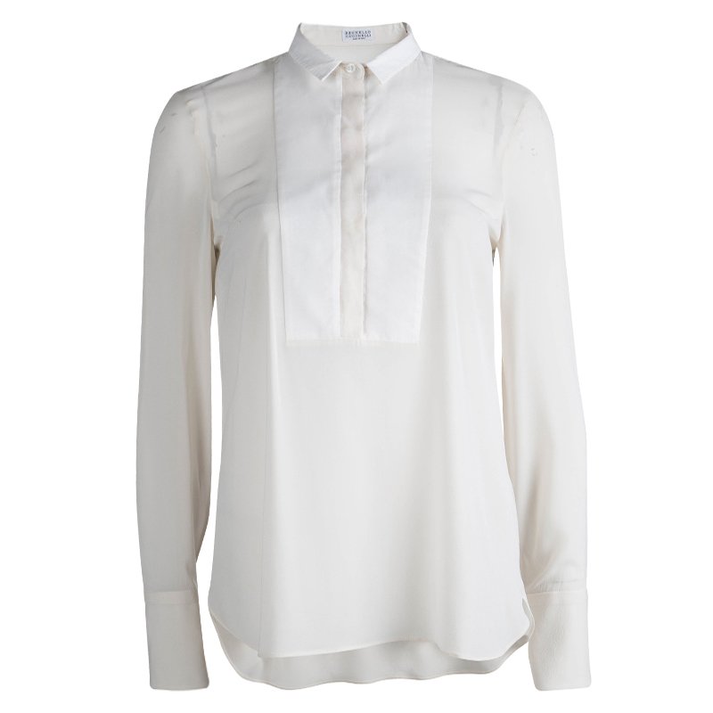Pre Owned Brunello Cucinelli Cream Silk Yoke Detail Long Sleeve Blouse S