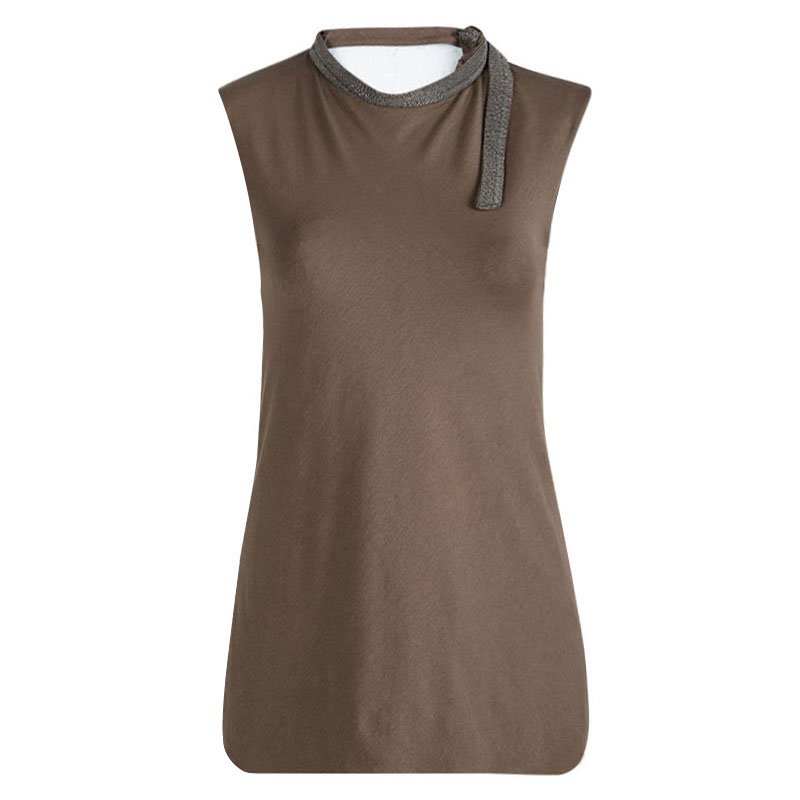 Pre Owned Brunello Cucinelli Brown Jersey Embellished Neck Detail Sleeveless Top S