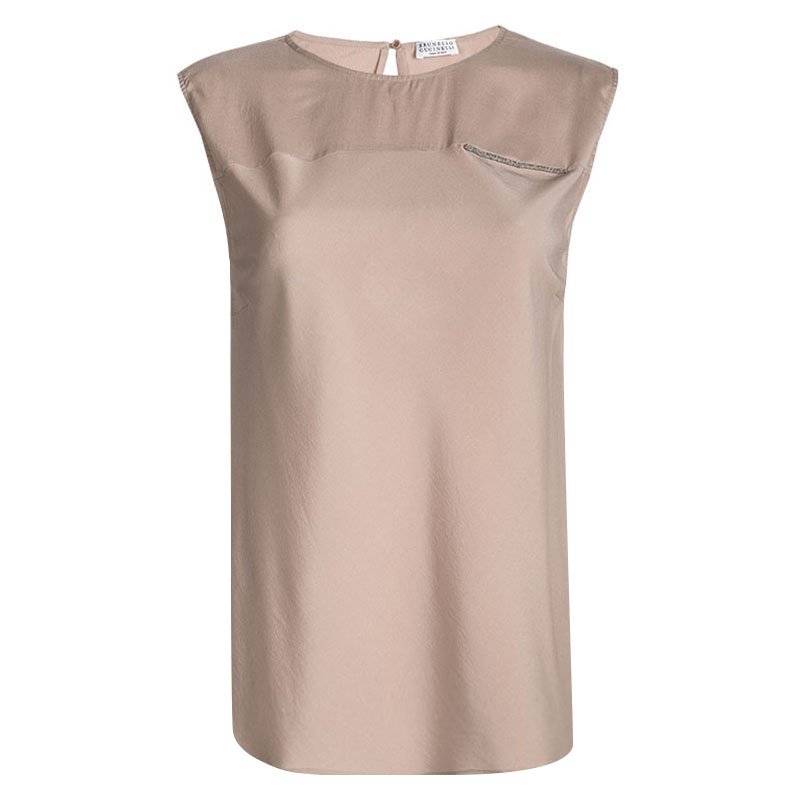 Pre Owned Brunello Cucinelli Beige Silk Bead Detail Sleeveless Top L