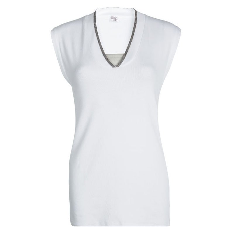 Pre Owned Brunello Cucinelli White Rib Knit Beaded Neckline Detail Sleeveless Top 3XL
