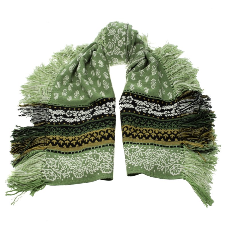 Burberry Green Textured Wool Cashmere & Cotton Fringe Shawl