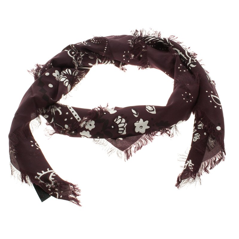 Pre Owned Burberry Prorsum Burgundy Elderberry Floral Printed Silk Square Fringe Scarf