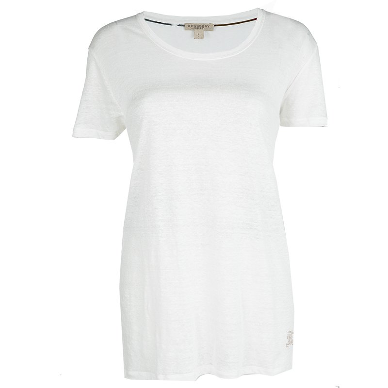 مملوكة مسبقًا Burberry Brit White Linen Slub Jersey Short Sleeve T-Shirt L