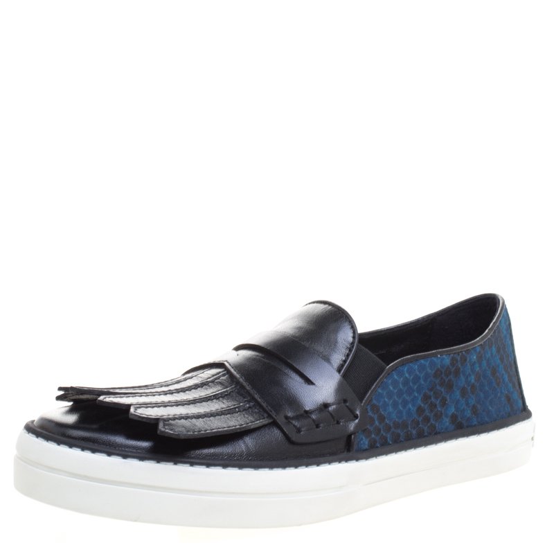 Pre Owned Burberry Black Fringe Leather and Printed Canvas Gauden Slip On Sneakers Size 37