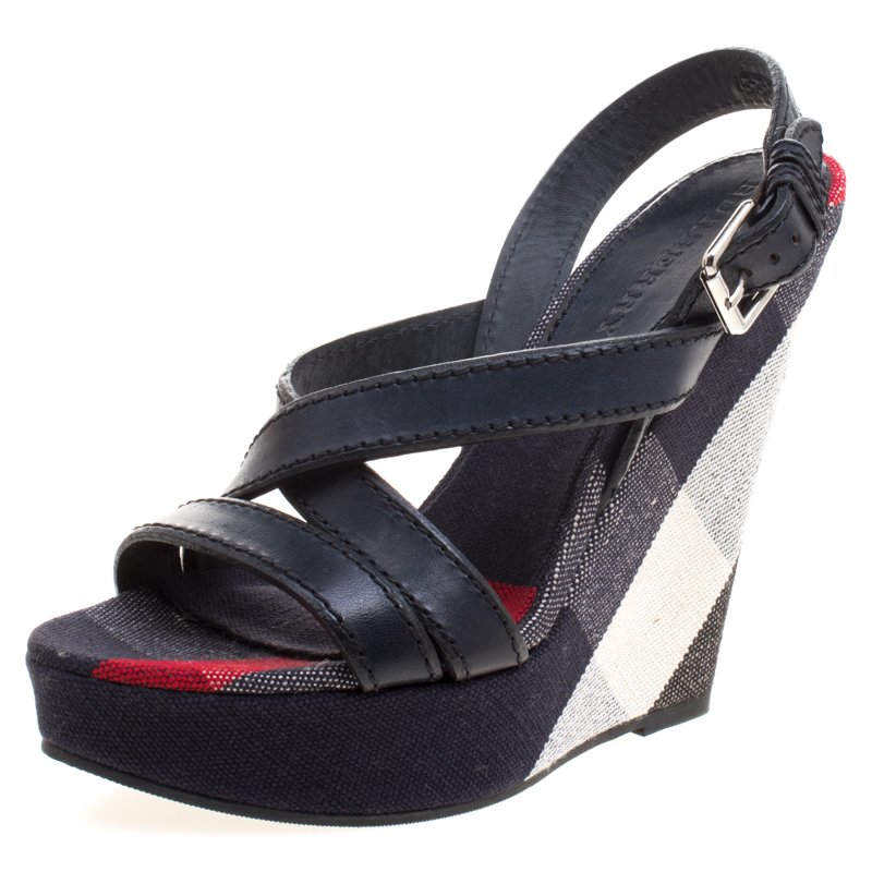 Burberry Blue Leather and Check Canvas Warlow Platform Wedge Sandals Size 40