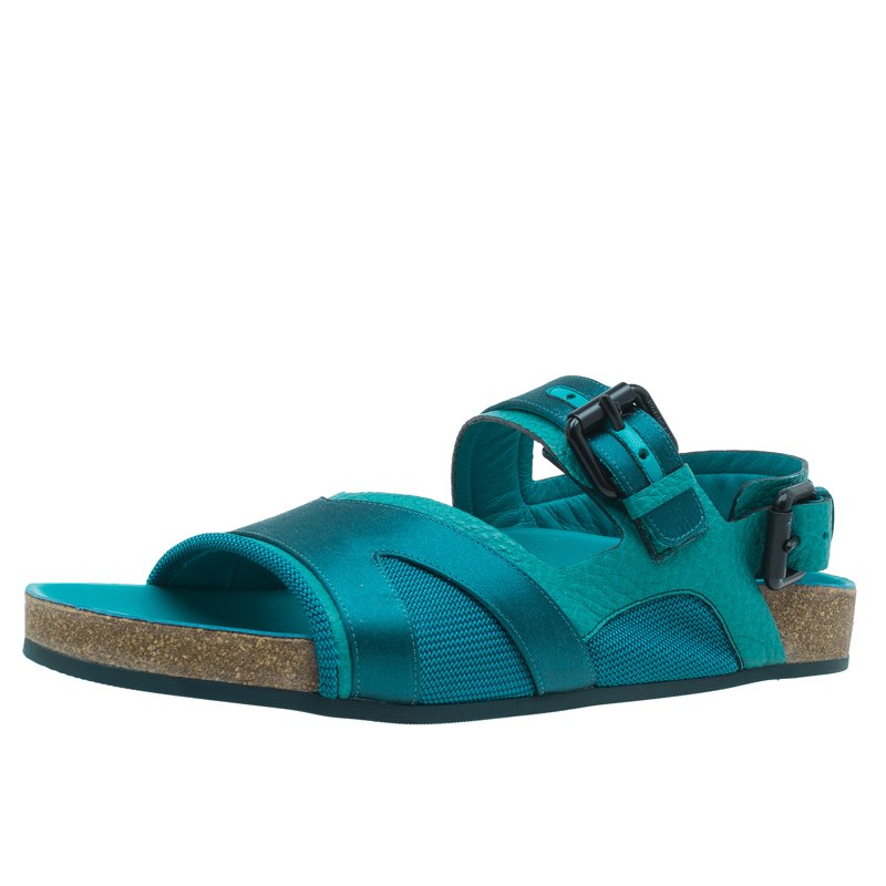 Pre Owned Burberry Prorsum Turquoise Leather and Satin Field Sandals Size 38.5