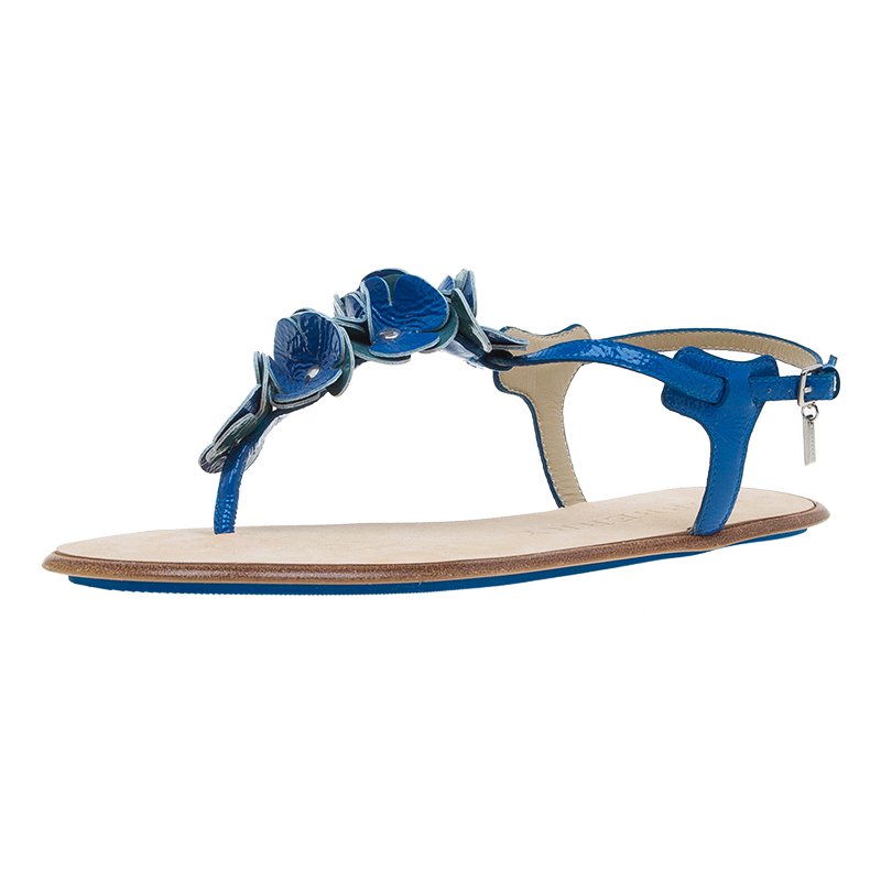 Burberry Blue Patent Flower Detail Ankle Strap Flat Sandals Size 39 