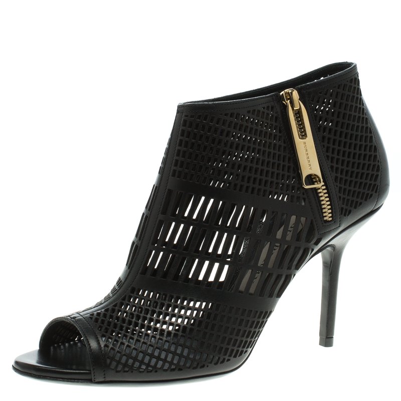 Pre Owned Burberry Black Cutout Leather Baynton Peep Toe Ankle Boots Size 39