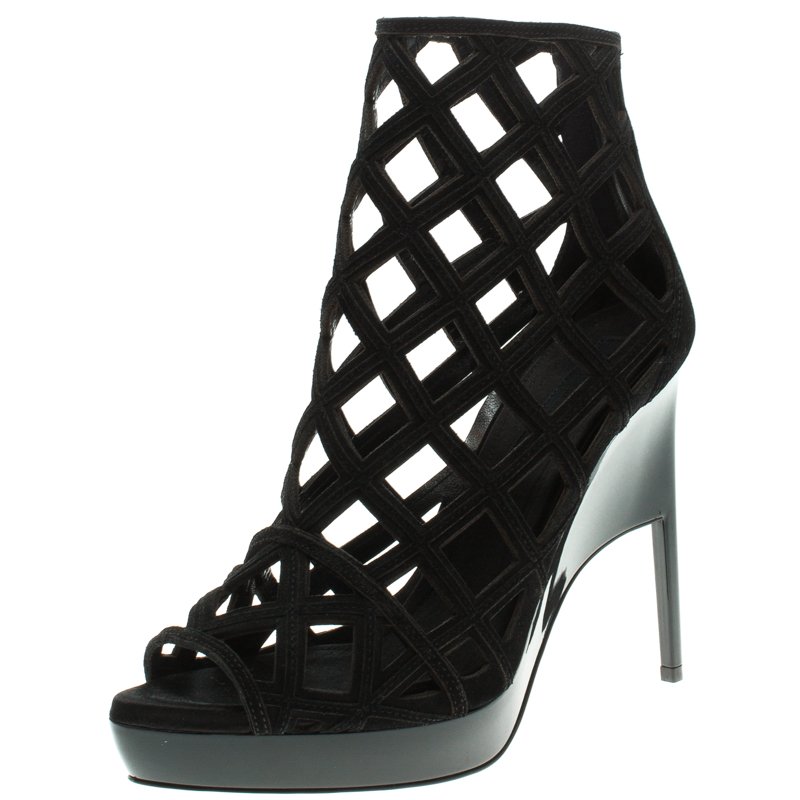 Pre Owned Burberry Prorsum Black Suede Edenside Cage Wedge Ankle Boots Size 39.5