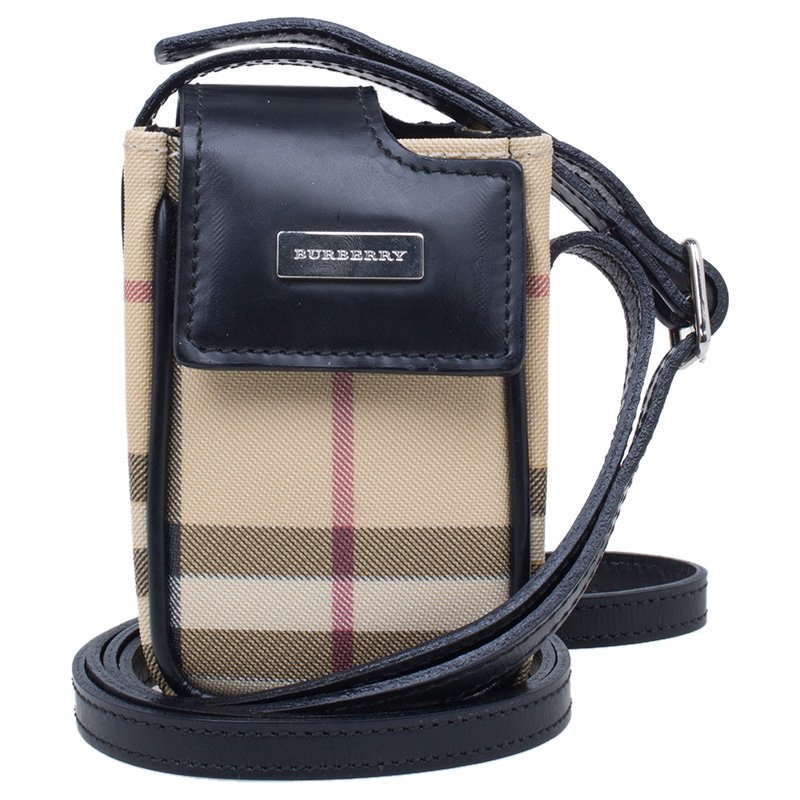 Burberry Black Leather and Novacheck Canvas Crossbody Phone Pouch Burberry  | TLC