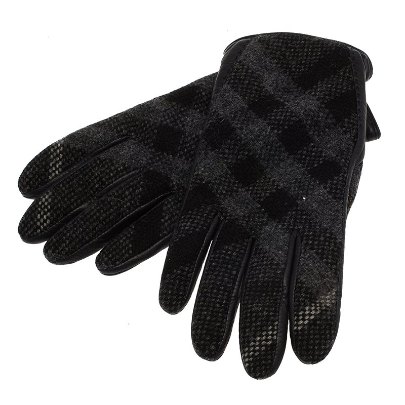 Burberry Black Check Print Leather and Wool Gloves