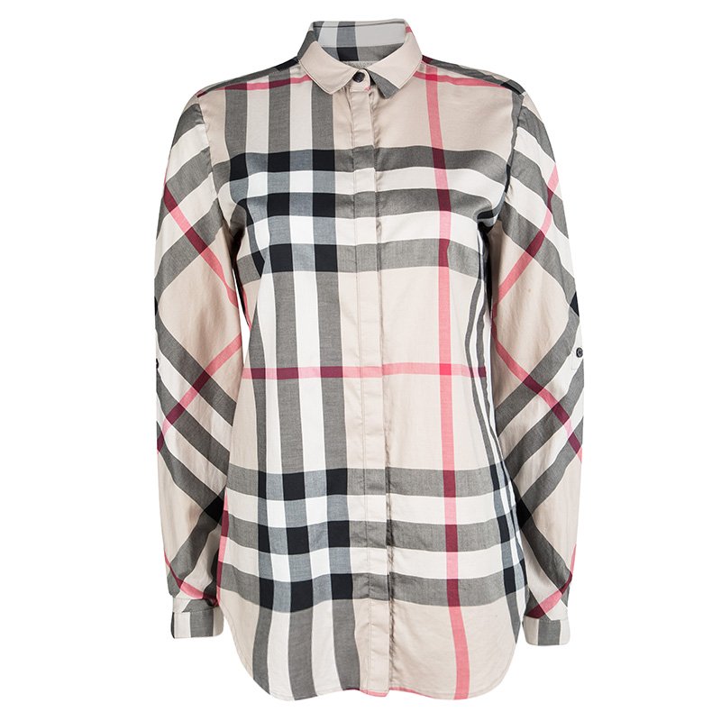 Pre Owned قميص بربري بريت قطن بيج كاروهات نوفا بأكمام طويلة أزرار أمامية S
