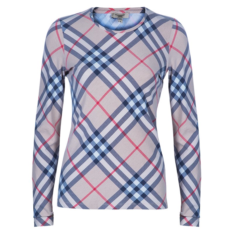 Pre Owned Burberry Beige Novacheck Long Sleeve Knit Top M