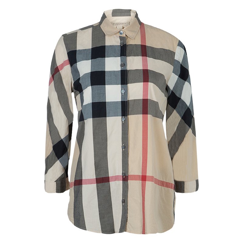 Pre Owned قميص بربري قطن بيج كاروهات نوفا أزرار أمامية S