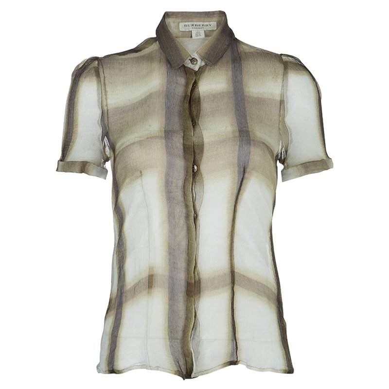 مملوكة مسبقًا Burberry Brown Checked Crinkled Silk Short Sleeve Sheer Blouse S