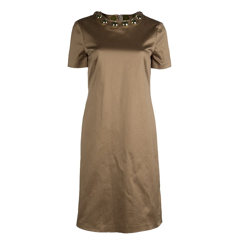 Pre Owned Burberry Brown Studded Neck Detail Short Sleeve Dress S