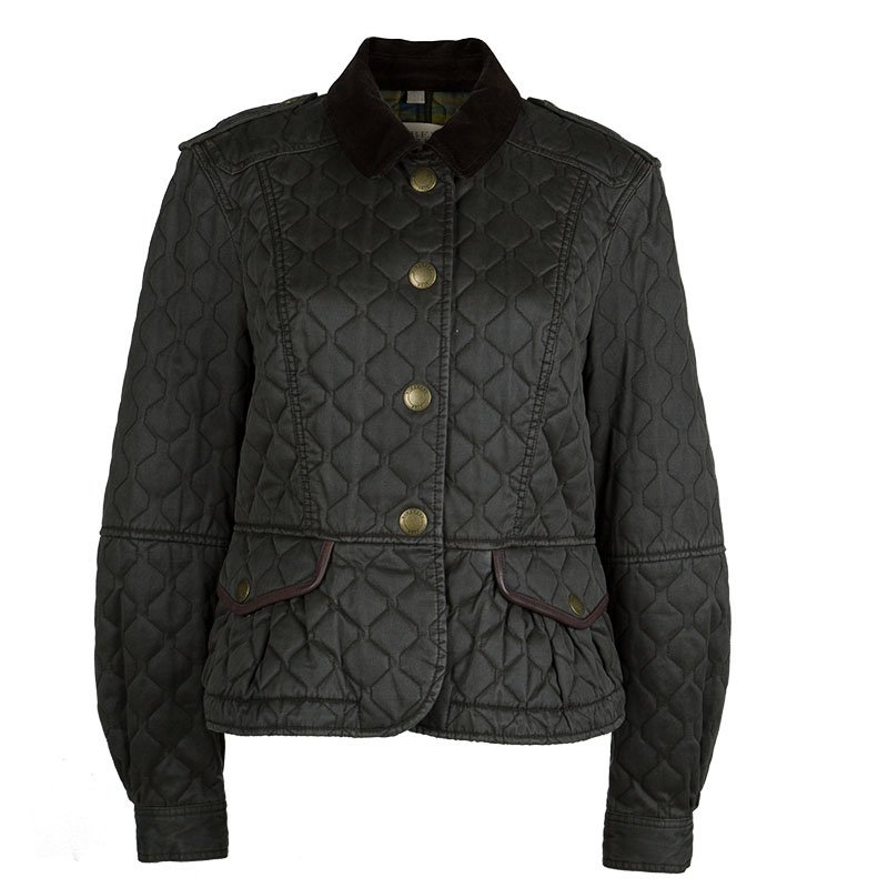 Pre Owned Burberry Brit Olive Green Quilted Geometric Pattern Detail Jacket L