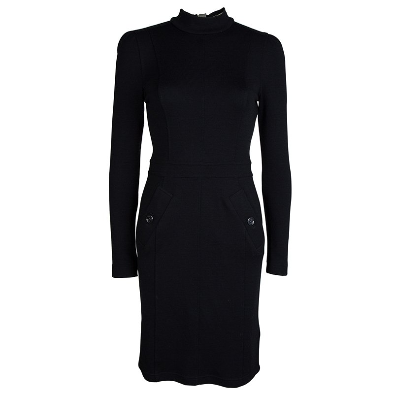 Burberry Black Wool Mandarin Collar Long Sleeve Dress M
