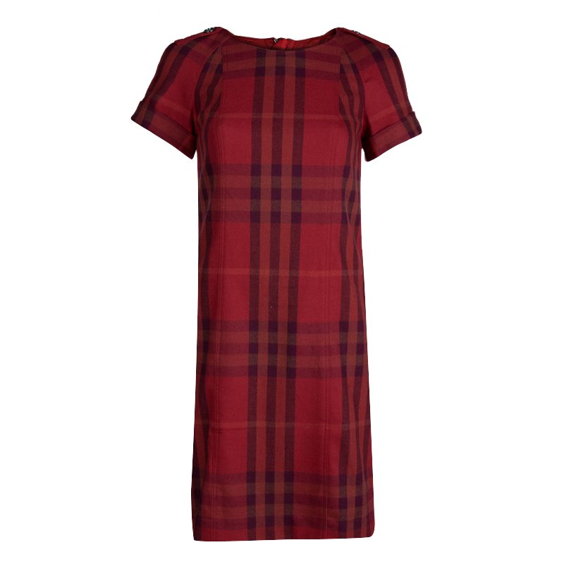 مملوكة مسبقًا فستان بربري صوف كاروهات أحمر بأكمام قصيرة S