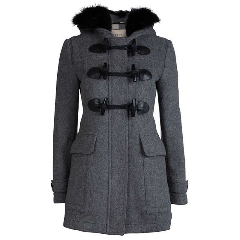Burberry Brit Grey Wool Fur Trim Coat S Burberry | The Luxury Closet