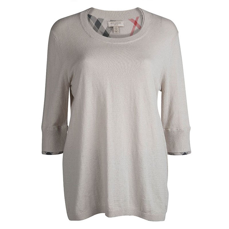Pre Owned Burberry Beige Novacheck Trim Crew Neck Sweater M