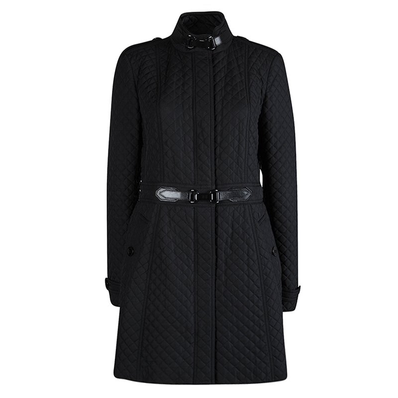 Pre Owned Burberry Black Diamond Quilted Leather Trim Detail Coat M